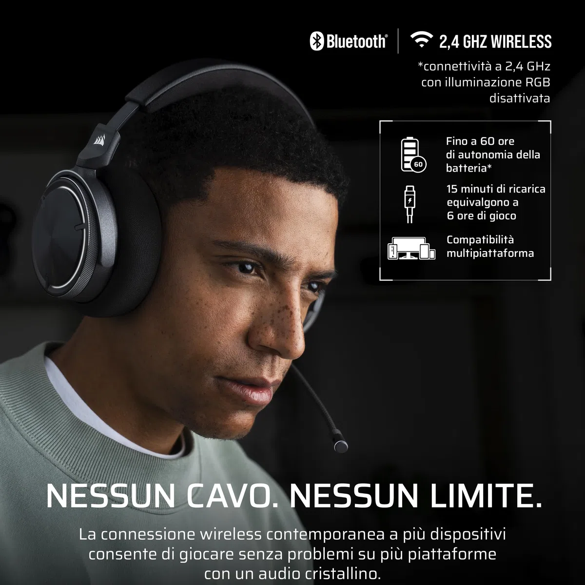 Corsair VIRTUOSO MAX WIRELESS Cuffie da Gioco Bluetooth Carbonio Dolby Atmos SoundID Cancellazione Attiva del Rumore Microfono Broadcast Grafene PC Mac PS5 PS4