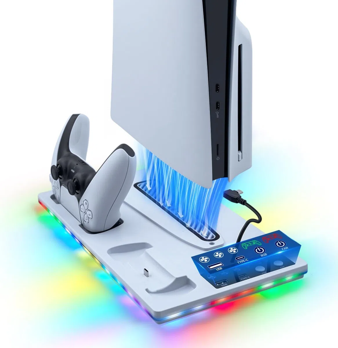 Verticale Supporto con Raffreddamento e Ricarica per PS5/PS5 Pro/PS5 Slim, Ventola 3 Livelli RGB