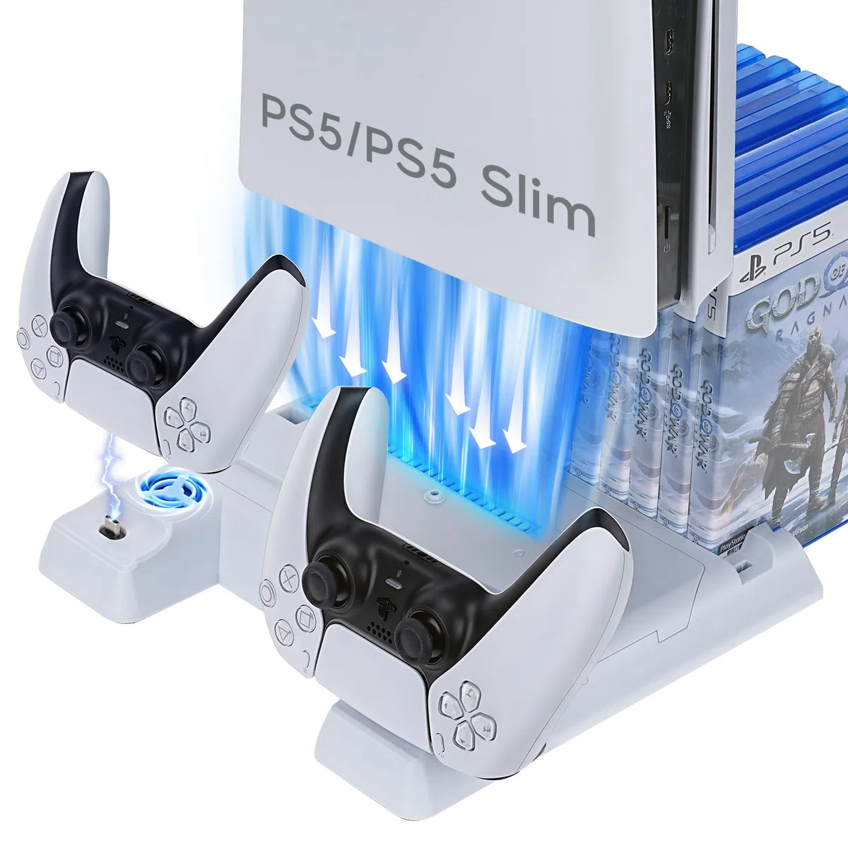 PS5/PS5 Slim Supporto di Ricarica con Ventola di 3 VelocitàRaffreddament per PS5/PS5 Slim, Supporto di Ricarica Controller PS5 con 11 Slot per Schede di Gioco per PS5/PS5 Slim Digitale/Disco