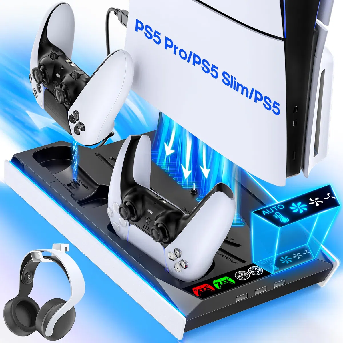Tokluck Supporto PS5 con Ventola di Raffreddamento Automatica, Base PS5 Slim con Controllere di Ricarica PS 5, Stazione Ricarica Controller PS5 per Controllere P5 & Edge & PRO, Accessori P5/Slim