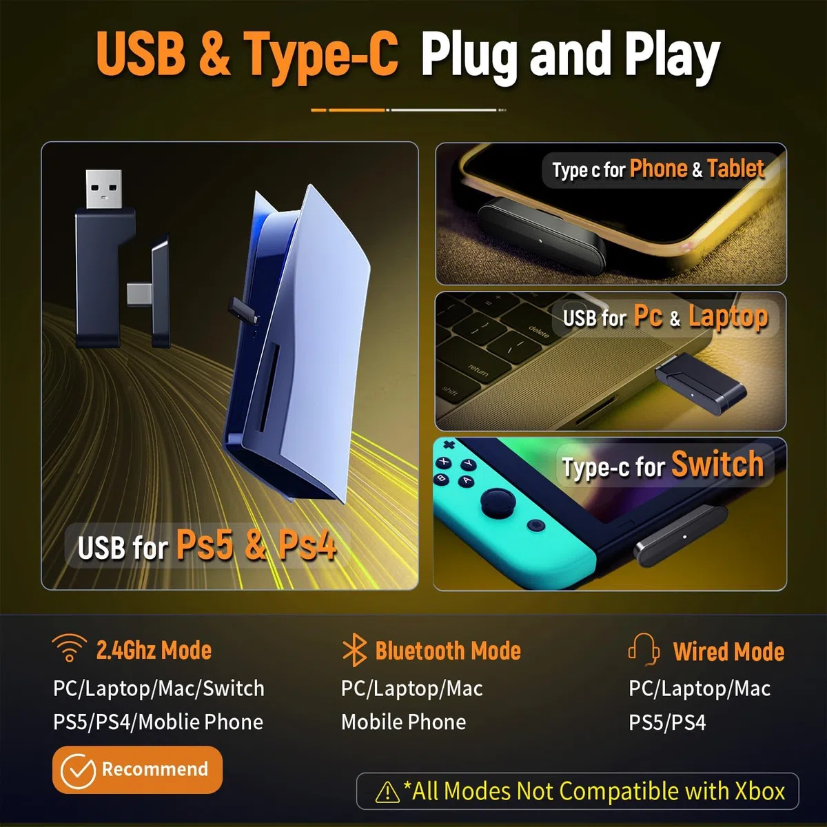 Cuffie Gaming Wireless per PC PS5 PS4 USB-A USB-C Audio Lossless Microfono Flip Bluetooth Batteria 30 Ore