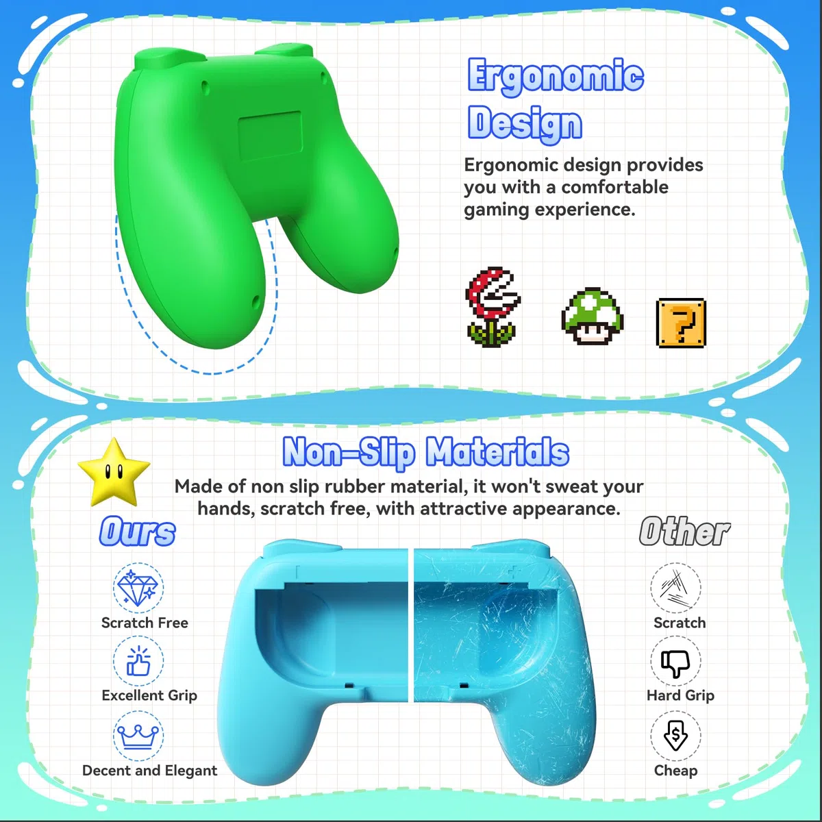 FASTSNAIL Kit di 4 impugnature compatibili con Nintendo Switch per Joy Con, controller resistente all'usura per Joy con e modello OLED con impugnatura da 12 pollici