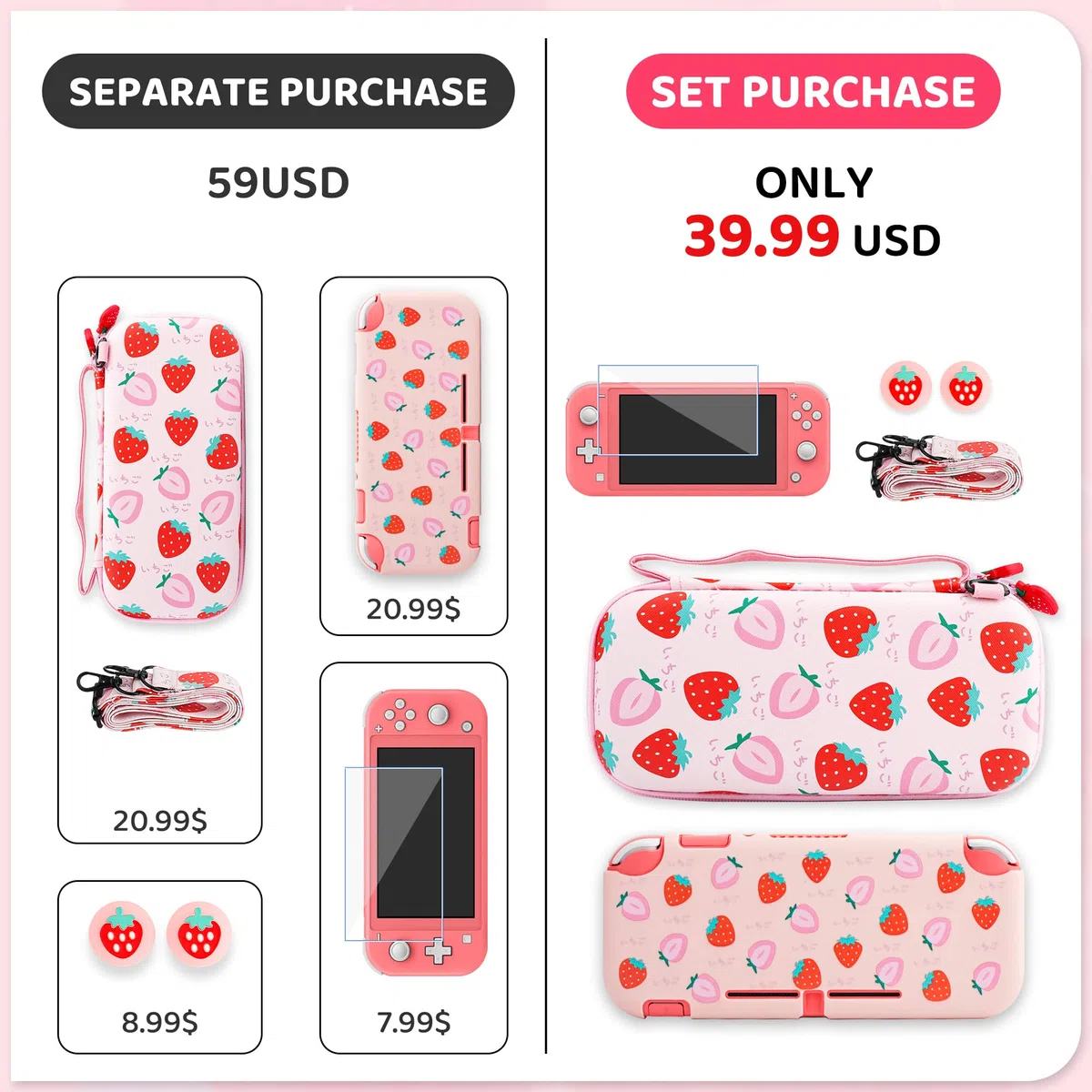 RHOTALL Custodia per Nintendo Switch Lite, graziosa custodia per Switch Lite con guscio protettivo in TPU, tracolla regolabile, protezione schermo e 2 tappi per pollice, fragola