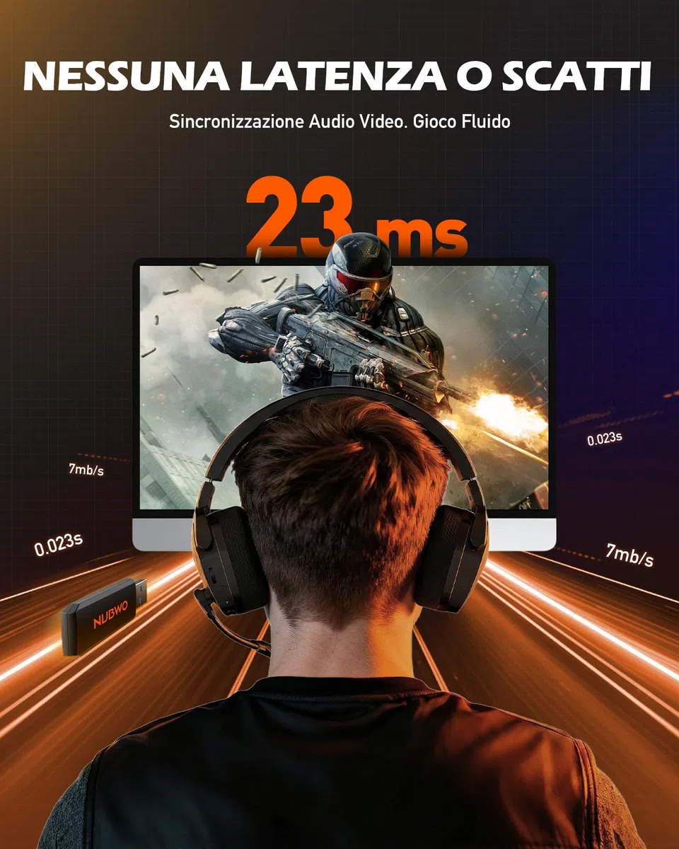 NUBWO G06 Cuffie Gaming Wireless 2.4GHz Bluetooth 5.3 Microfono 7.1 100+ Ore Arancio