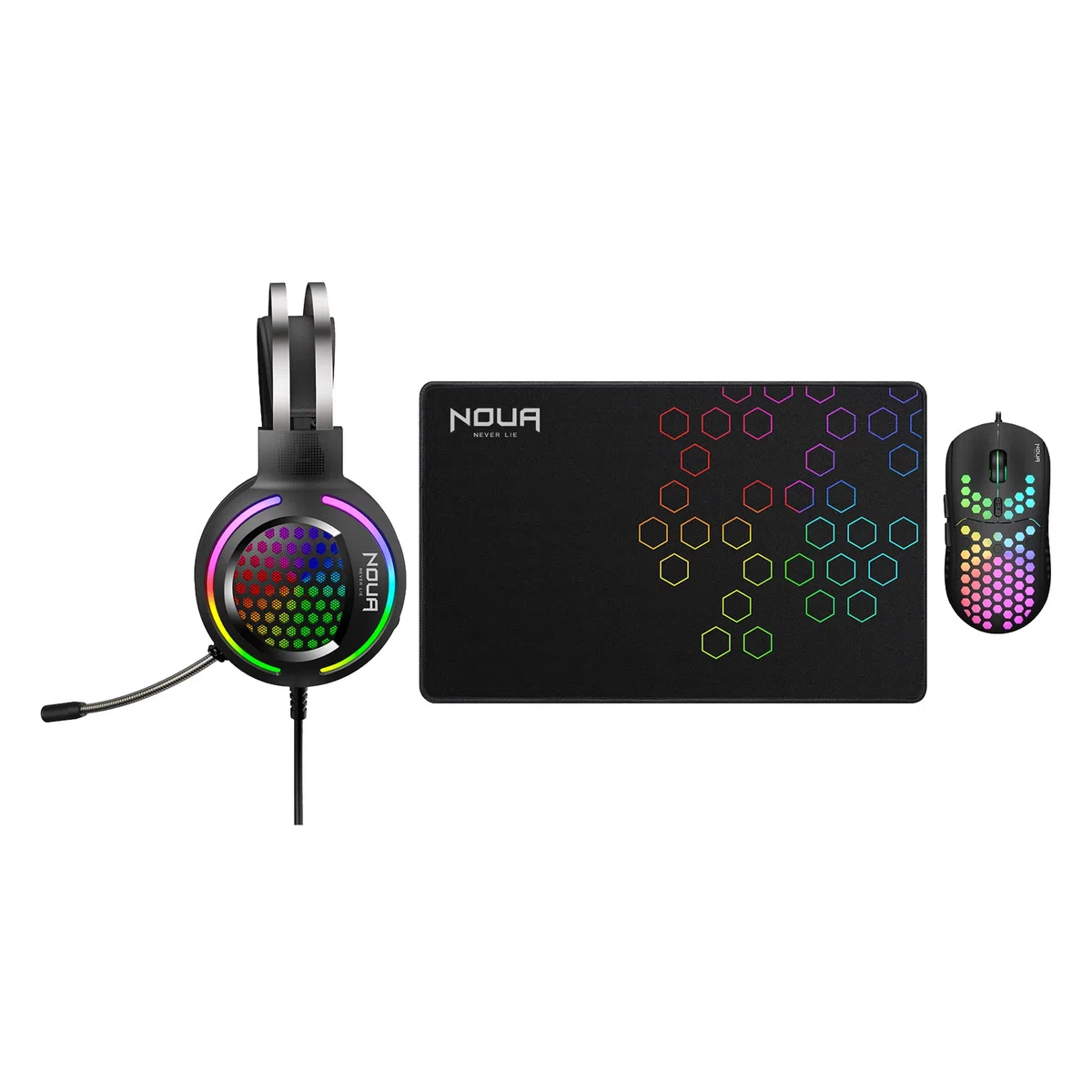 Noua Uranus Kit Gaming 3 in 1 Mouse + Cuffie + Tappetino - Combo per PC Mouse RGB 7200 dpi, Cuffie con Microfono, Tappetino per Mouse