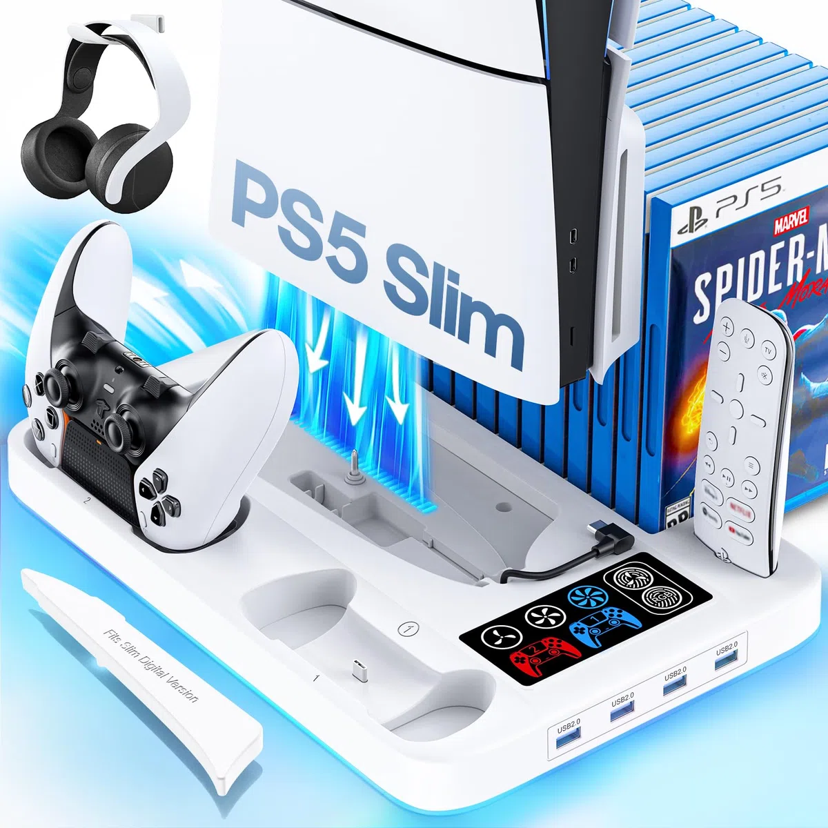 Tokluck Supporto PS5 Slim con Ventola e Ricarica, Base Verticale con Caricatore Joystick per Accessori PS5