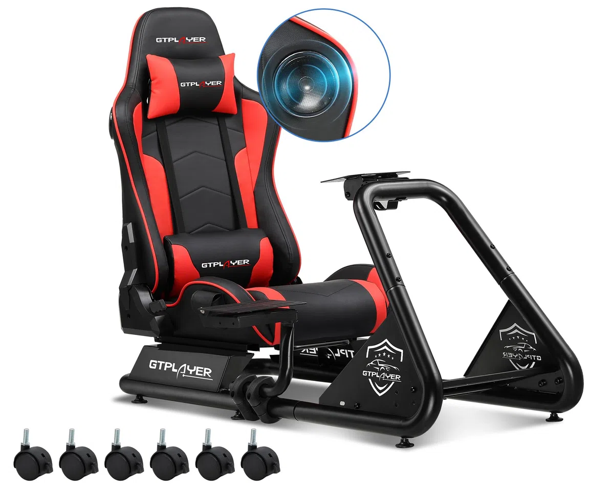 GTPLAYER Simulatore di Guida Sedile di Simulazione per PC con Altoparlanti Supporto Volante e Pedaliera Nero Rosso