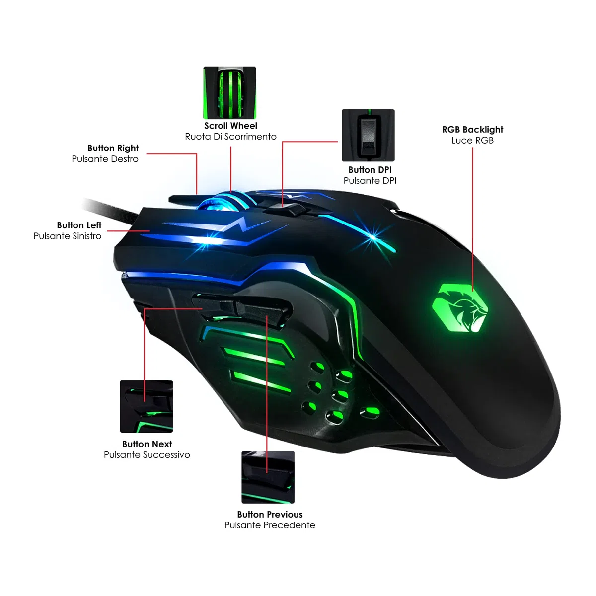 Tastiera Gaming EMPIRE GAMING Kit MK800 Cablata QWERTY Italiana Layout RGB 105 Tasti Anti-Ghosting + Mouse Gamer 2400 DPI PC PS4 PS5 Xbox One Series Mac