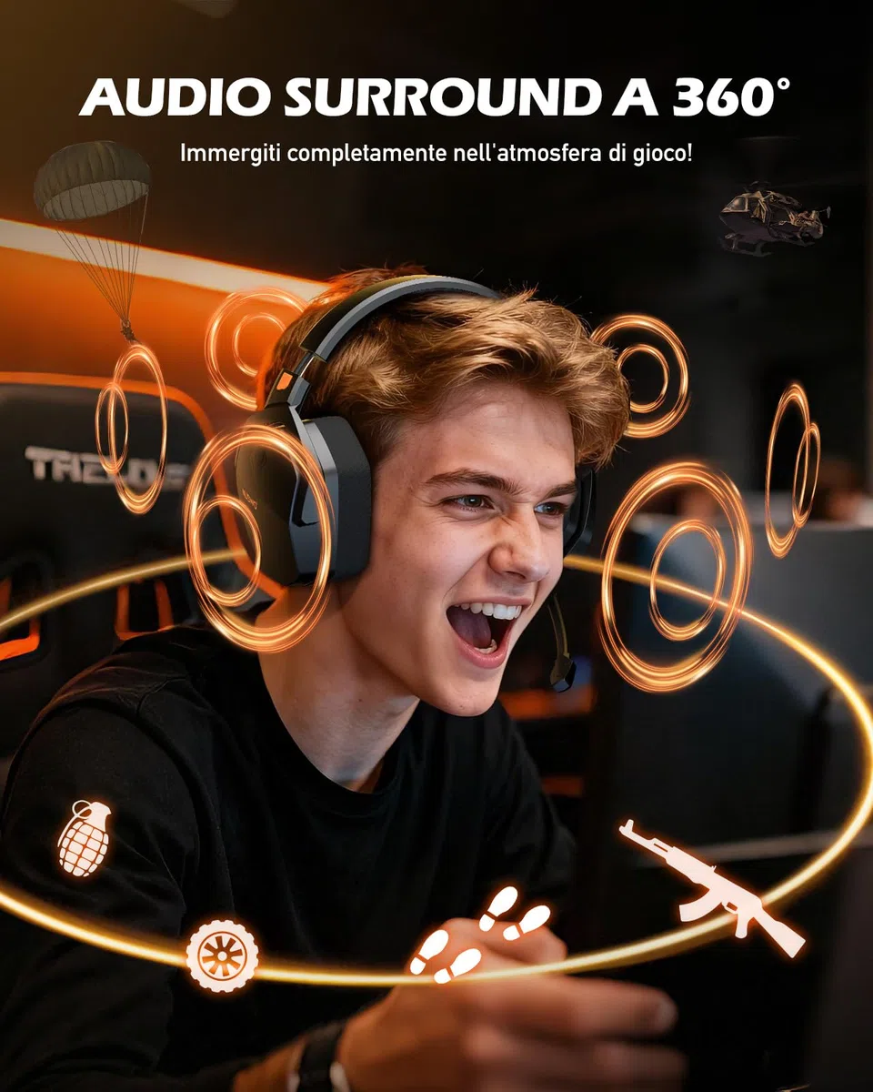 NUBWO G06 Cuffie Gaming Wireless 2.4GHz Bluetooth 5.3 Microfono 7.1 100+ Ore Arancio