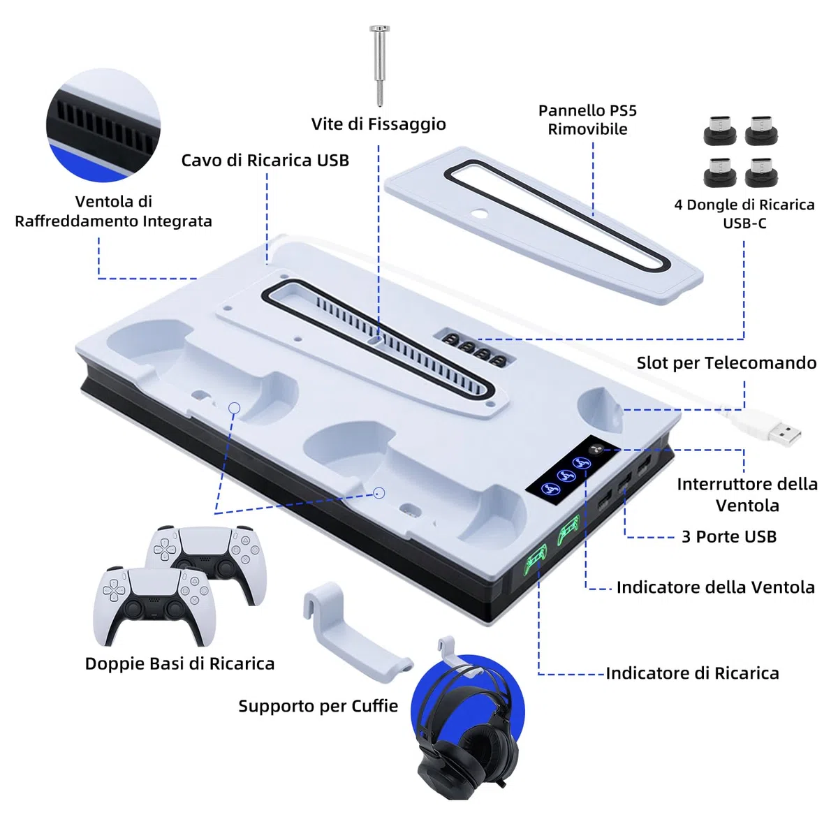 Wigearss Supporto Verticale di Raffreddamento PS5 con Doppio Controller Caricatore per PS5/PS5 Slim/PS5 PRO UHD/Digital Edition