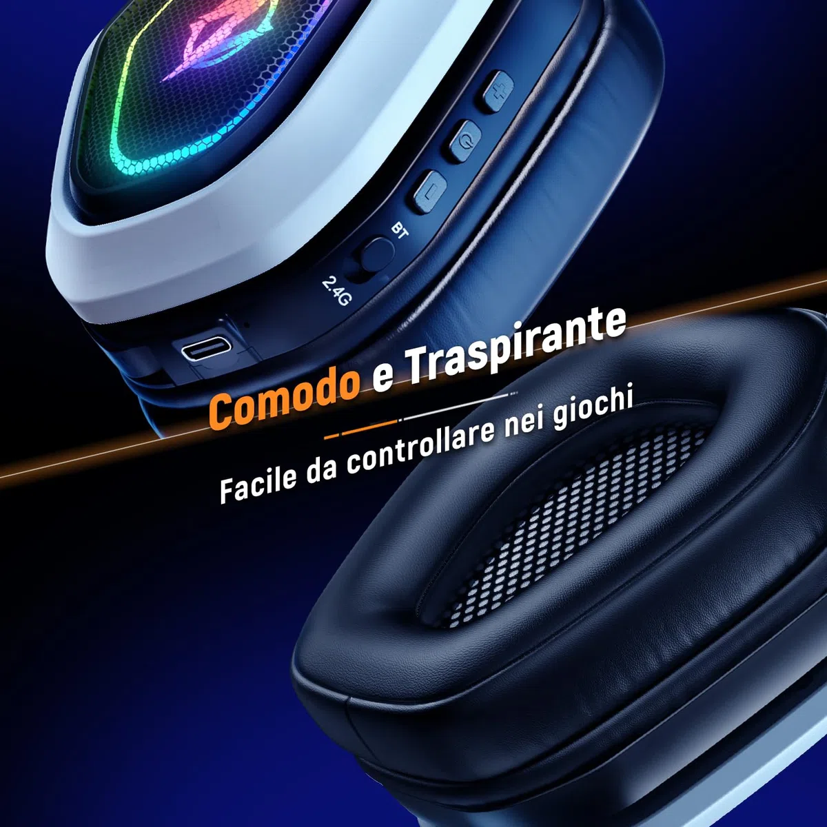 Cuffie Gaming Wireless Ozeino 2,4GHz+Bluetooth 5.3 per PC/PS5/PS4, Microfono 7.1, Bassa Latenza, 30+ Ore