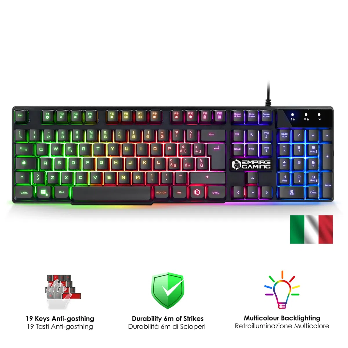 Tastiera Gaming EMPIRE GAMING Kit MK800 Cablata QWERTY Italiana Layout RGB 105 Tasti Anti-Ghosting + Mouse Gamer 2400 DPI PC PS4 PS5 Xbox One Series Mac
