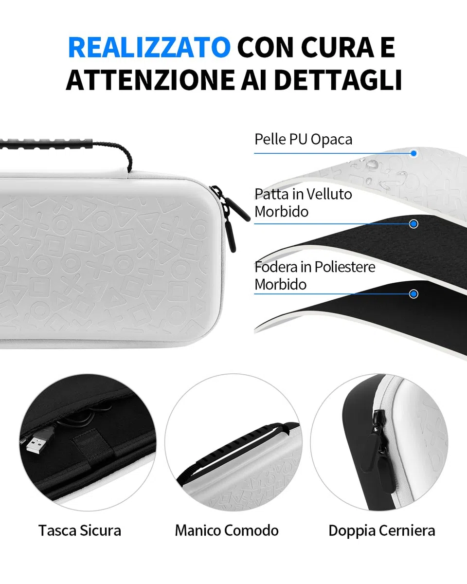 Set di Accessori 8 in 1 Compatibile con Playstation Portal, Custodia Rigida con Copertura in Silicone per PS5, Protezione Schermo e 4 Tasti da Pollice, Nero e Bianco