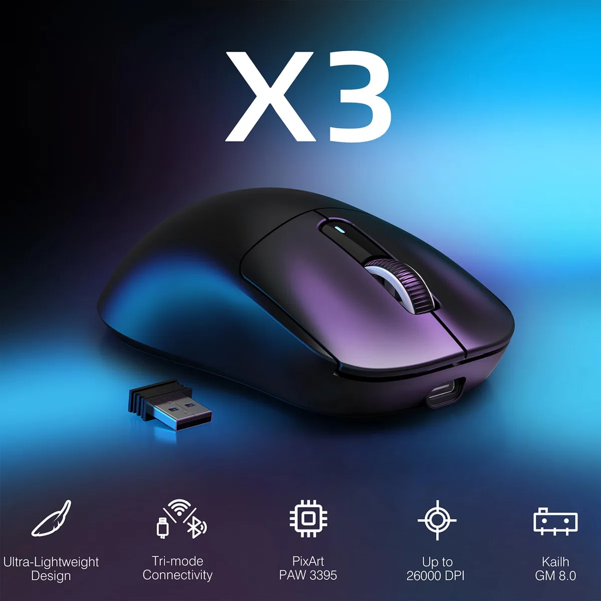 ATTACK SHARK X3 SUPERLIGHT Wireless Gaming Mouse 26000DPI PixArt PAW3395 49g Ultraleggero Nero