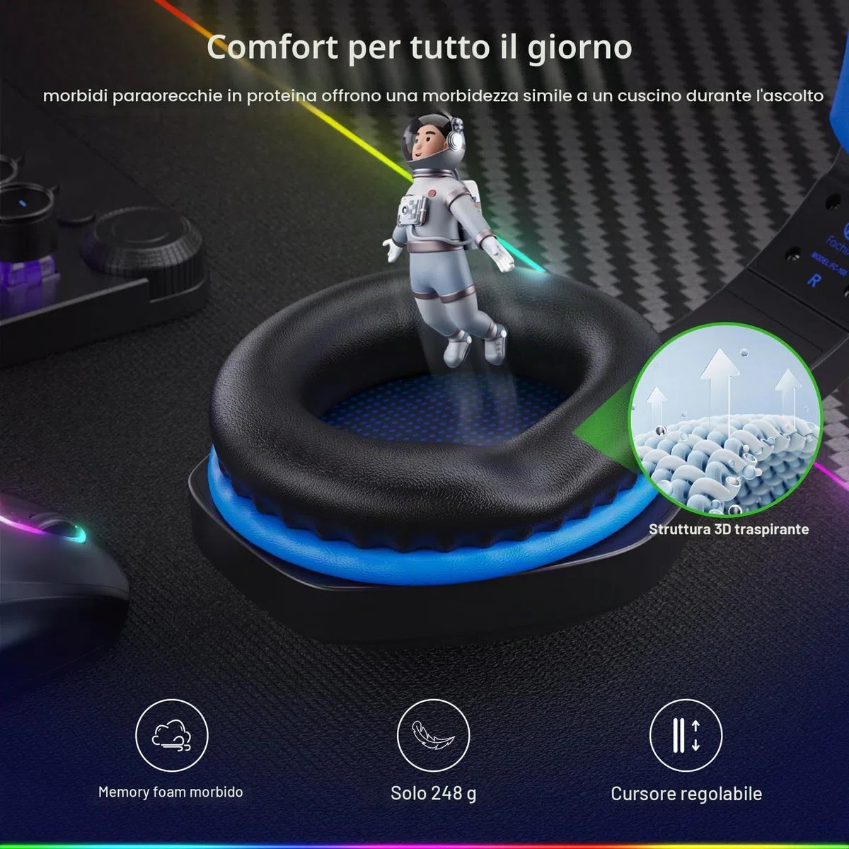 Fachixy FC100 Cuffie Gaming Wireless 2,4G con Microfono per PS5 PS4 PC Switch Mac, Surround Sound LED, 50h Batteria