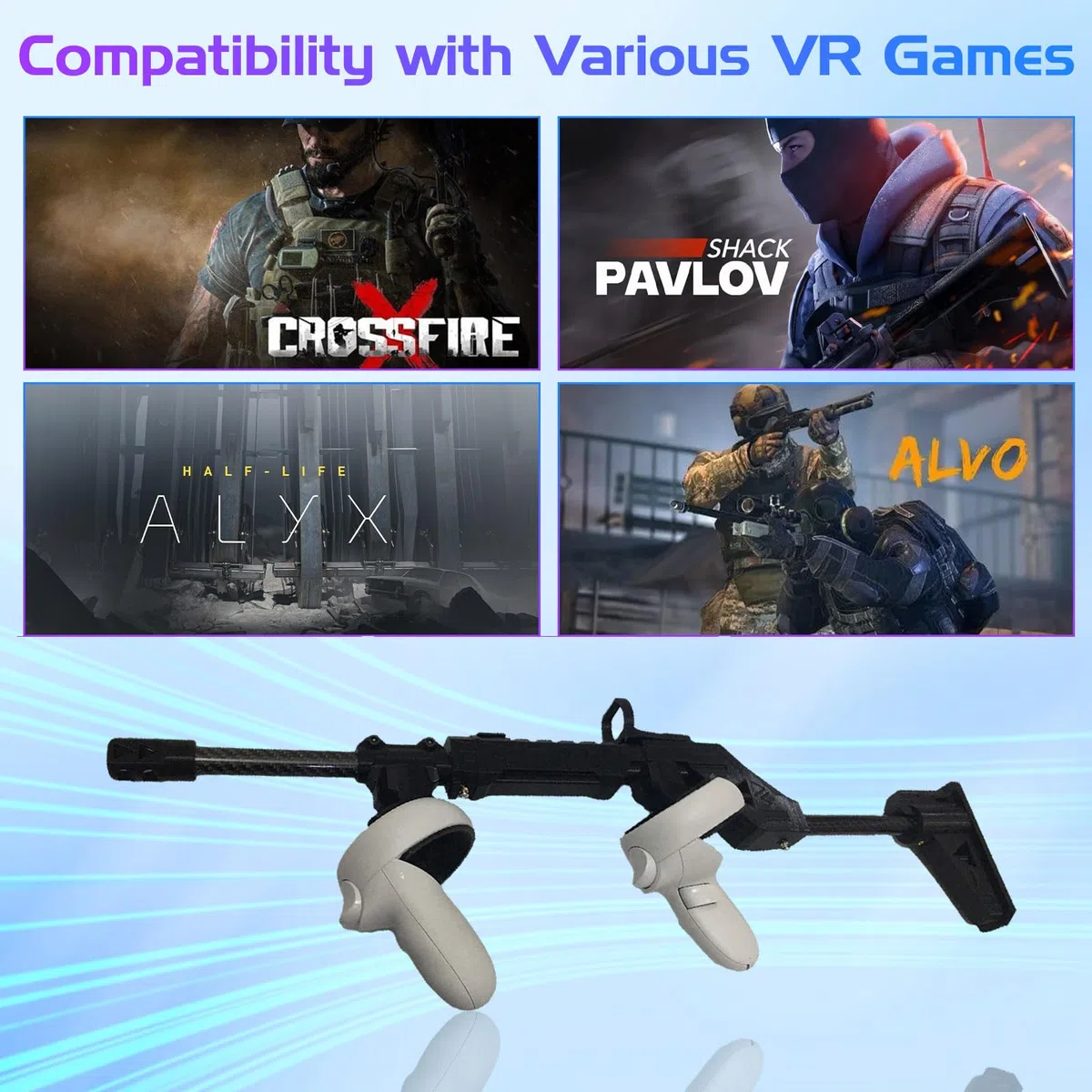 Calcio per pistola VR per MetaQuest 2, VR Gunstock per Quest 2 Shooting Controller Handle, Oculu-s Quest 2 Accessori Fucile magnetico, con spallacci (per Quest 2)