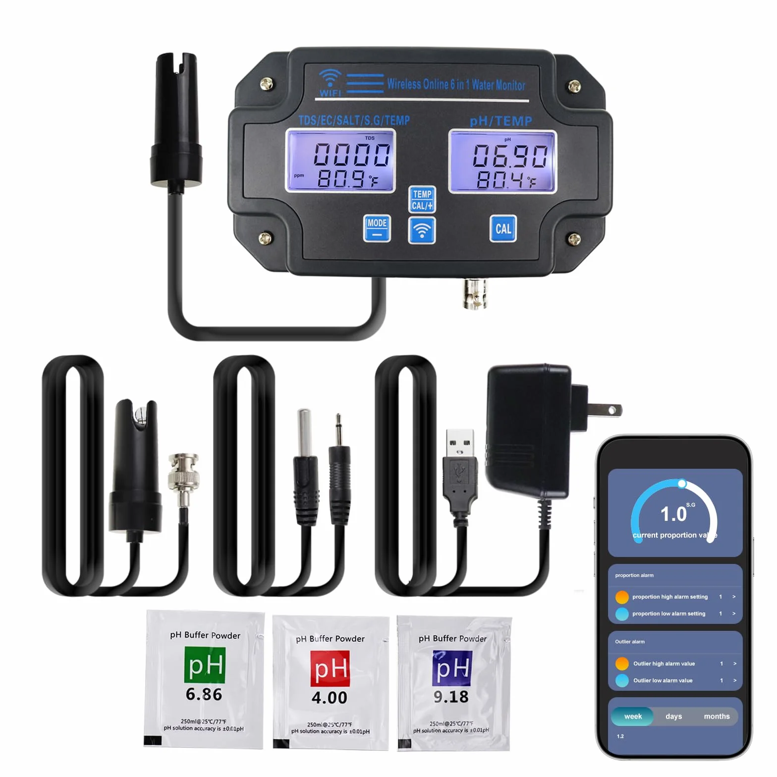 Monitor EC pH per Idroponica, Tester della Qualità dell’Acqua 6-in-1 con Wi-Fi, Misuratore di pH, Monitoraggio Continuo di pH, PPM, EC, CF, Umidità e Temp per Sistemi di Coltivazione Indoor DWC