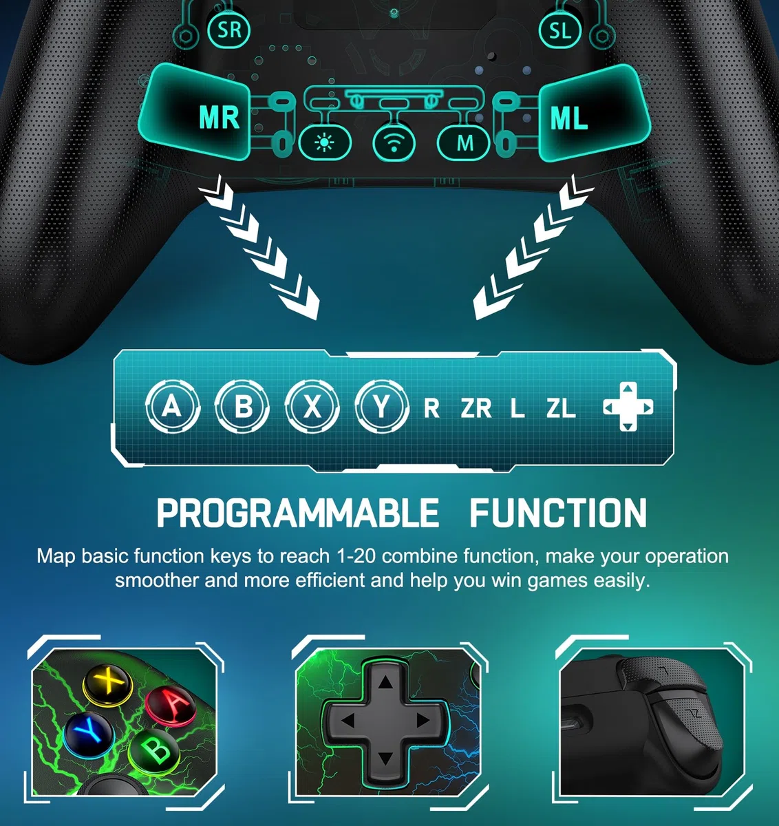 Controller per Switch Compatibile con Switch 2/Switch/Lite/OLED,Android/IOS/PC,1000mAh Controller Bluetooth con 6 Assi/Programmazione/Doppia Vibrazione/Turbo/Luce LED Regolabile/Risveglio/Screenshot