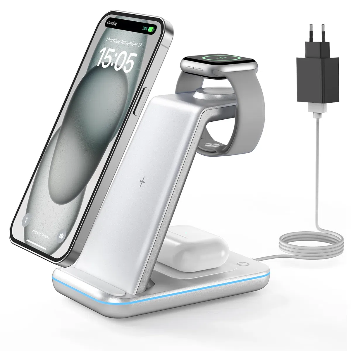 GEEKERA Stacja Ładowania Bezprzewodowa dla Apple iPhone Air/17/16/15/14/13/12/11/X/8, Apple Watch Ultra/11-2/SE, AirPods Pro-2, Srebrny