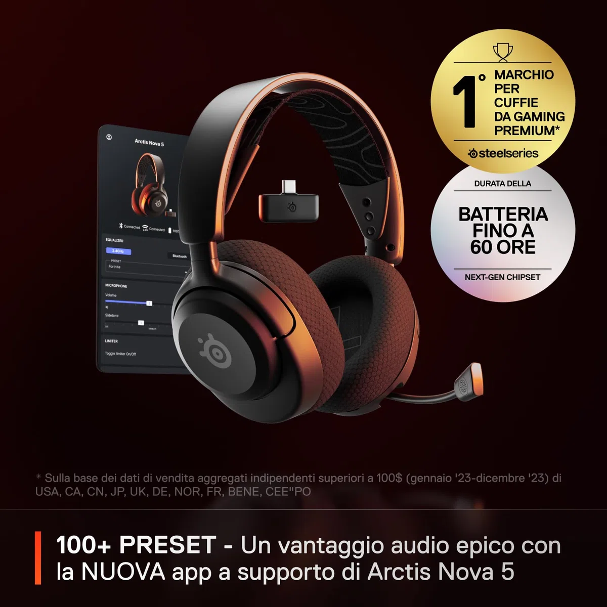 SteelSeries Arctis Nova 5 Cuffie Gaming Wireless Multi-Sistema Driver Magnetici al Neodimio 100+ Preset Audio Batteria 60 HR 2,4GHz BT Microfono ClearCast Gen2.X PC PS5 Cellulare