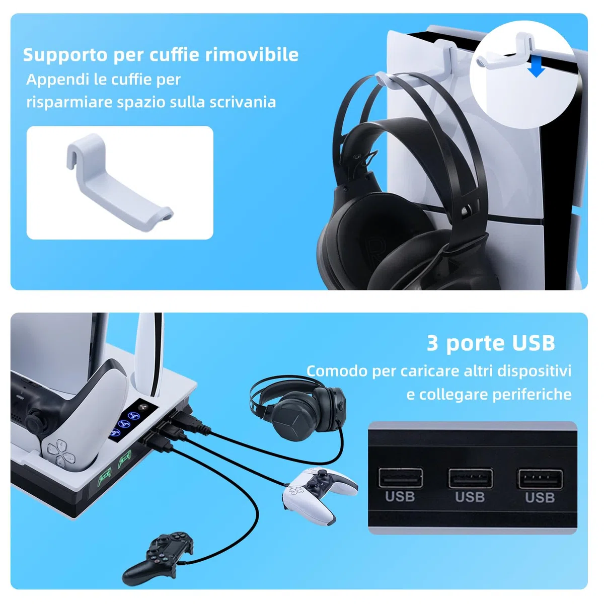 Mcbazel PS5/PS5 PRO/PS5 Slim Verticale Supporto di Raffreddamento, Stazione Ventola di Raffreddamento Regolabile con Supporto Cuffie,Stazione di Caricatore Doppio Controller Joystick per PS5 Slim/PS5