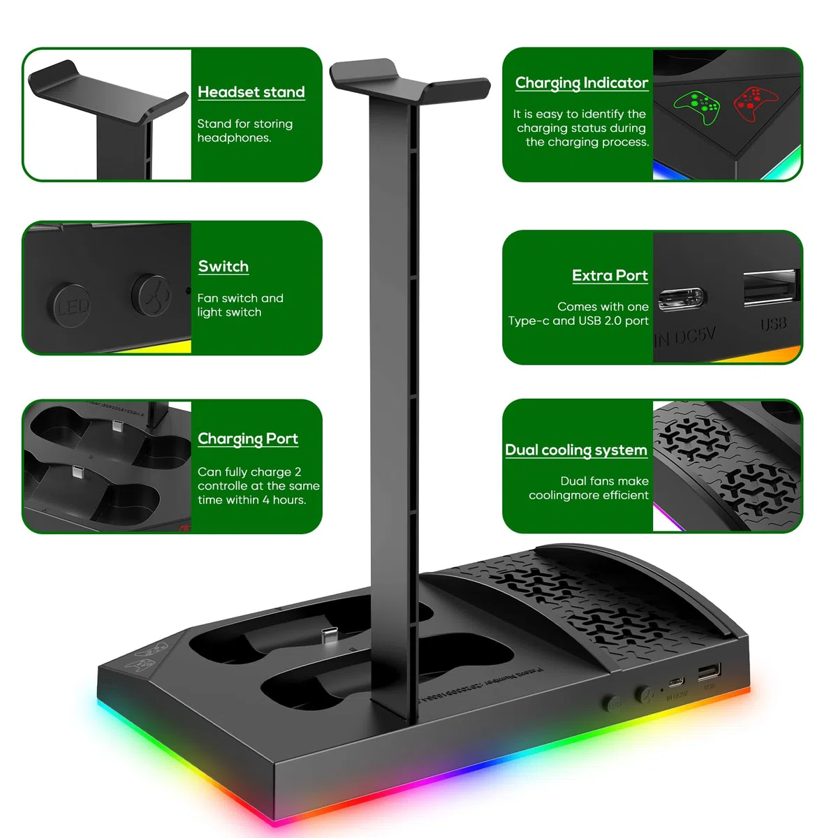 FYOUNG Upgrade - Supporto per ventola di raffreddamento RGB per console Xbox Series S con 15 luci colorate, Dual Controller stazione di ricarica per Xbox Series S accessori (nero)