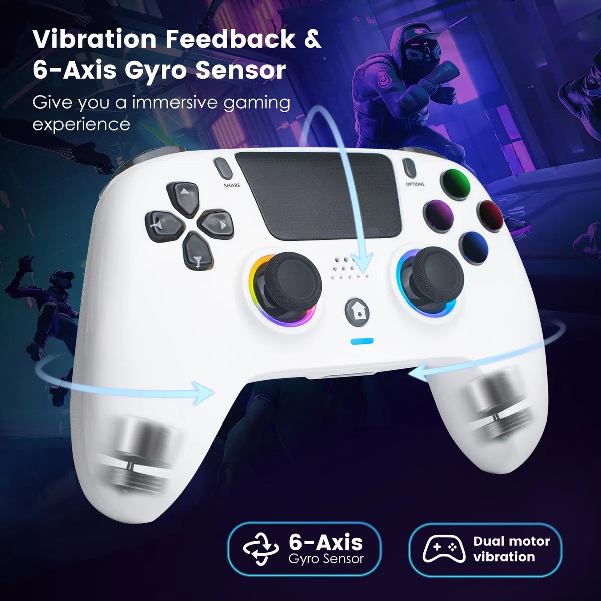 DoJoZone Wireless Controller Compatibile con PS4/Pro/Slim, Joystick con Hall Effect Trigger/Stick (NO Drift), Luci RGB, Jack Cuffie, Pulsanti Programmabili, Vibrazione, Sensore 6 Assi