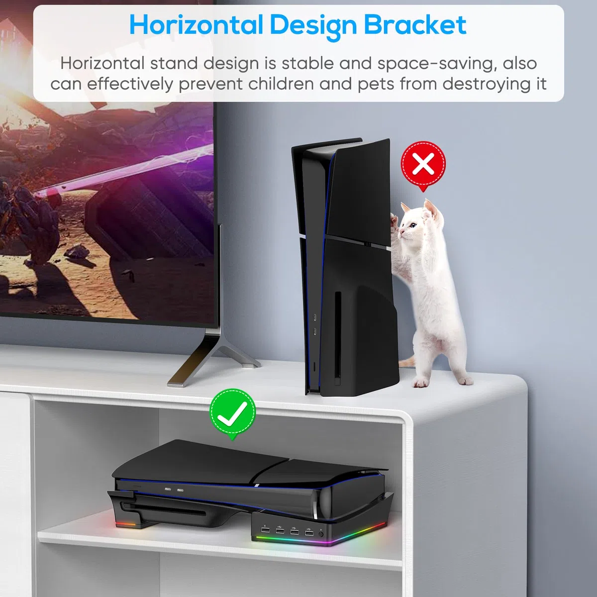 FYOUNG Supporto orizzontale aggiornato per PS5 Slim Digital & Disc Edition con 14 luci RGB, base antiscivolo accessori con 4 porte USB - Solo per Playstation 5 Slim 2023 (nero), P5S2B