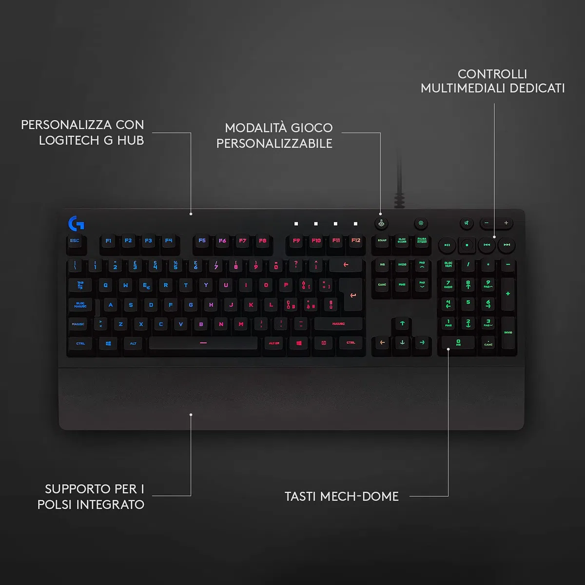 Logitech G G213 Prodigy Tastiera Gaming Cablata LIGHTSYNC RGB Tasti Retroilluminati Resistente agli Schizzi Layout Italiano Nero