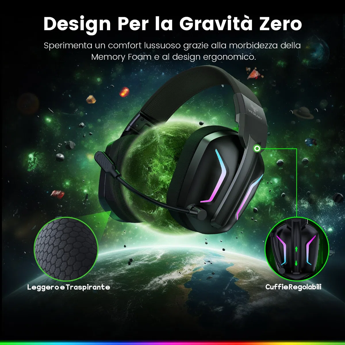 WESEARY WG1 Cuffie Gaming Wireless, 2,4 GHz Cuffie Gaming con Microfono per PS5, PS4, PC, Switch, Mac, Mobile, Cuffie per PS5 con Stereo, Cuffie Bluetooth Over Ear con Luce LED, Batteria da 50 Ore