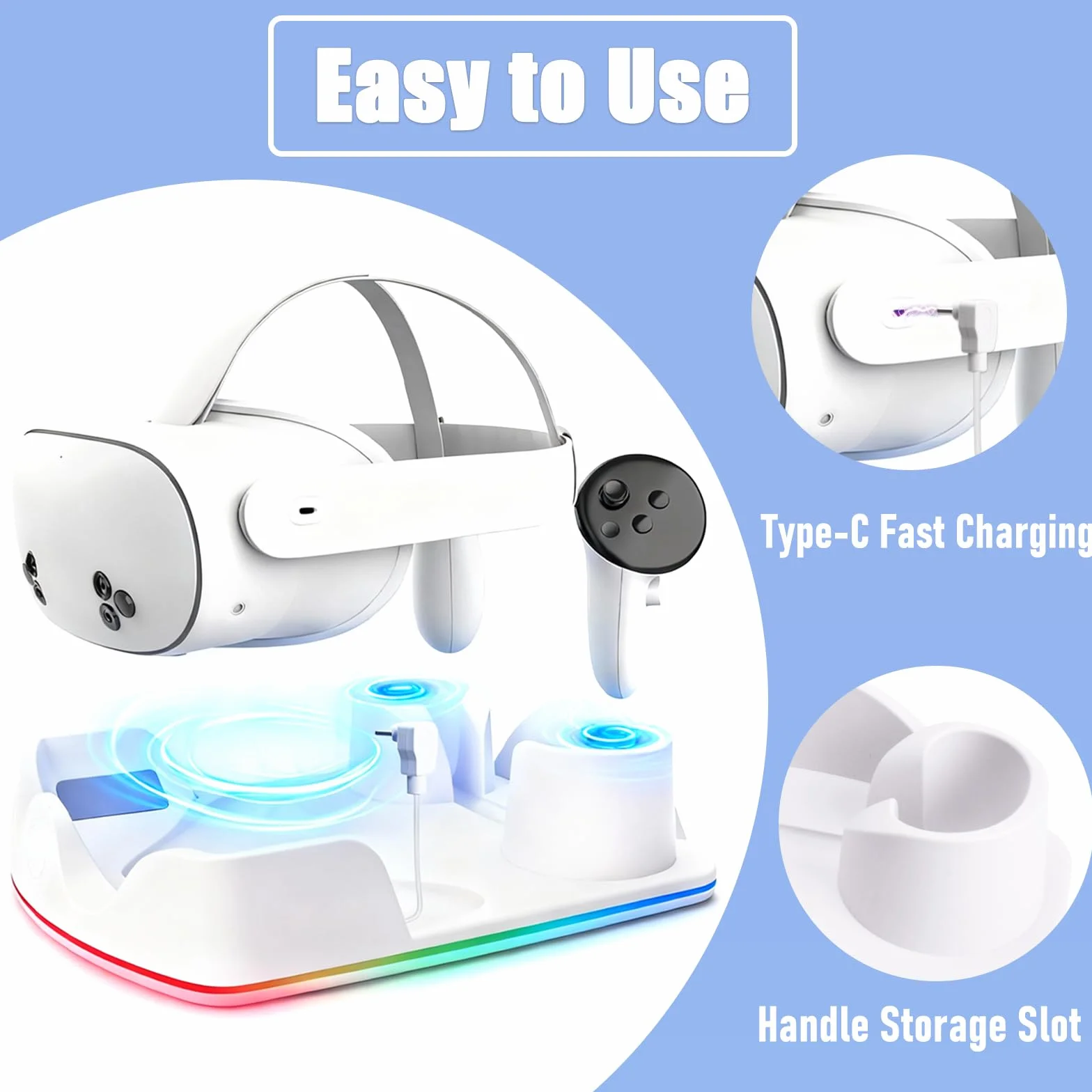 Stazione di Ricarica Compatibile con Meta Quest 2/3/3S, Dock di Ricarica Rapida per Quest 3 con Luci RGB, Caricatore per Cuffie VR, Accessori VR