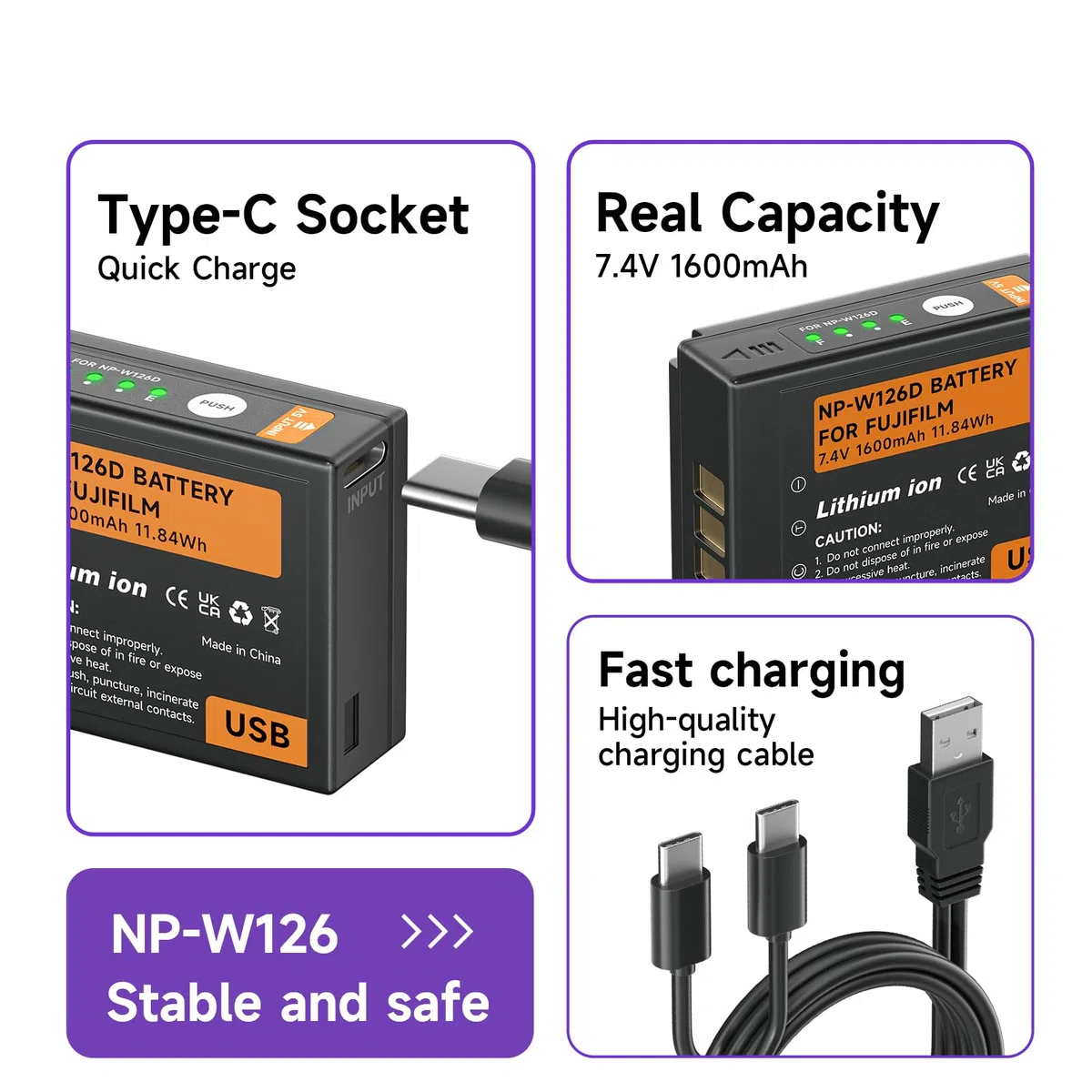 Confezione da 3 batterie NP-W126S 1600 mAh USB Type-C, compatibili con Fuji X-T100,X-T200,X100F,X100V,X-S10,X-A5,X-A10,X-E3,X-E4,X-Pro2,X-Pro3,X-T1,X-T2,X-T3,X-T10,X-T20,X-T30,X-T30 II