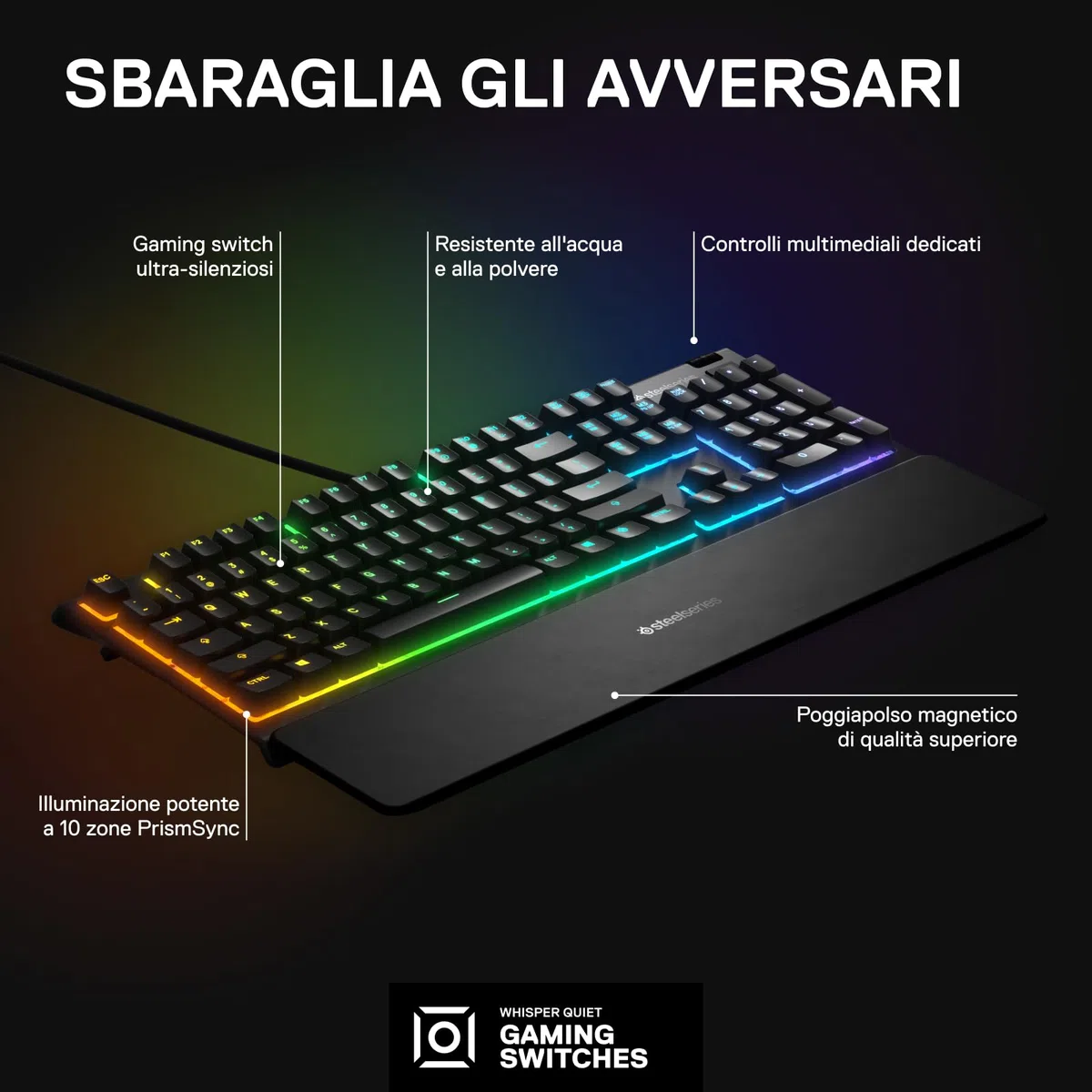 SteelSeries Apex 3 Tastiera da Gaming RGB Illuminazione a 10 Zone Poggiapolsi Magnetico Layout Italiano QWERTY