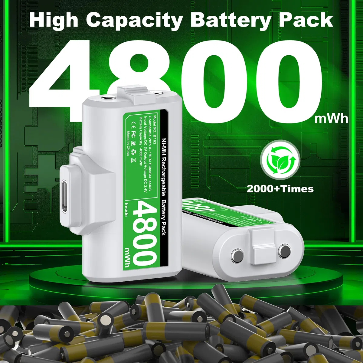 HEYLICOOL Batterie ricaricabili per controller Xbox One/Xbox Series X|S, 2 x 4800 mWh, kit di gioco e ricarica per Xbox Series X/S, Xbox One/Elite, Xbox One S/X con indicatore LED
