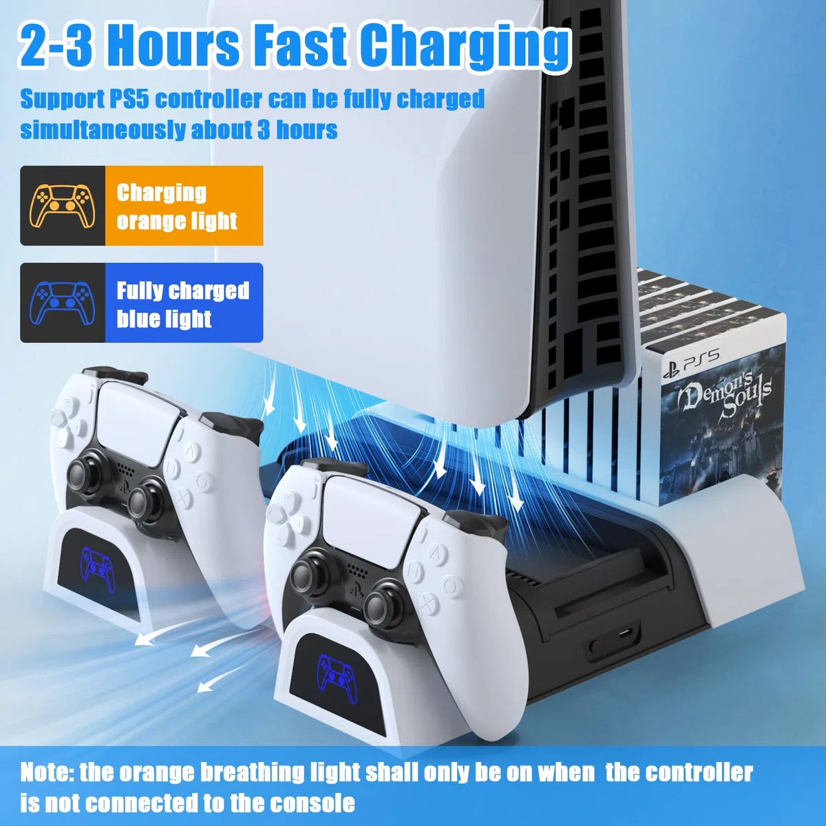 Supporto PS5/PS5 Slim con Ventola di Raffreddamento e Ricarica Controller PS5, PS5/PS5 Slim Supporto Verticale Compatibile con PS5/PS5 Slim con Indicatore di LED