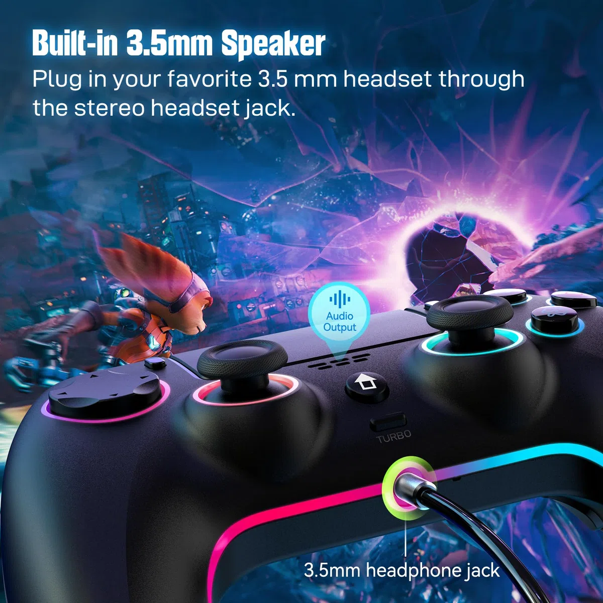 JORREP Controller wireless per PS5/Pro/Steam Deck/PC/MAC/iOS,gamepad con illuminazione RGB/doppia vibrazione/turbo/sensore di movimento/programmabile/collegamento auricolare/1500mAh di batteria (A)