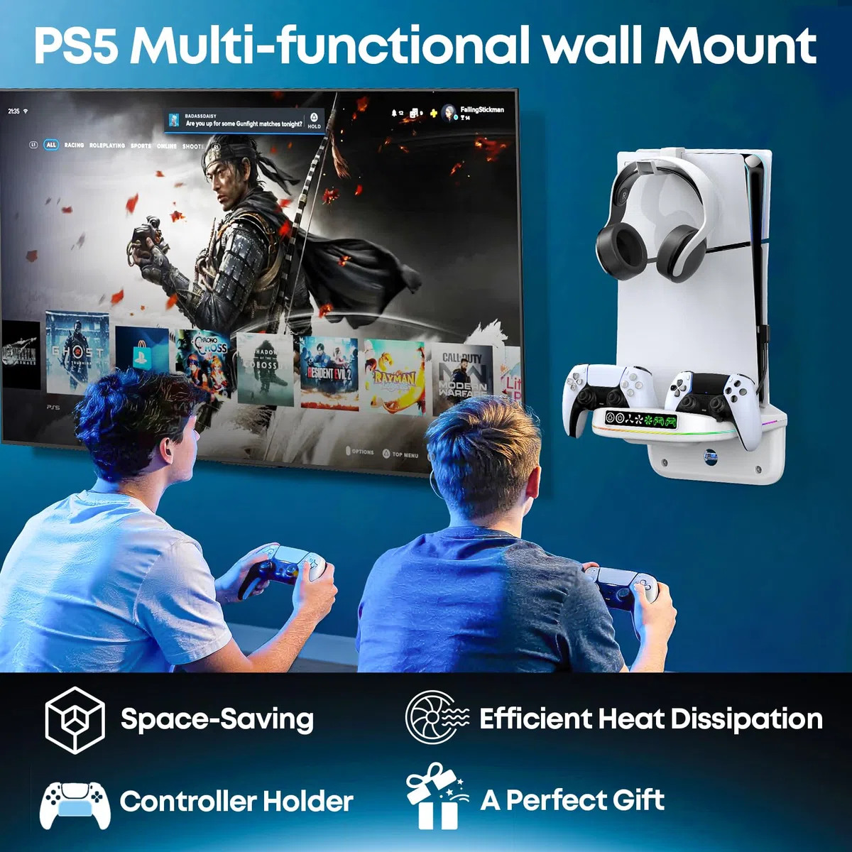 Supporto da Parete per PS5/Slim/Pro con Ventola e Caricatore per Controller, Ventola Raffreddamento PS5 con 3 Velocità e Luce RGB, Base di Ricarica PS6 Accessori con Gancio per Cuffie