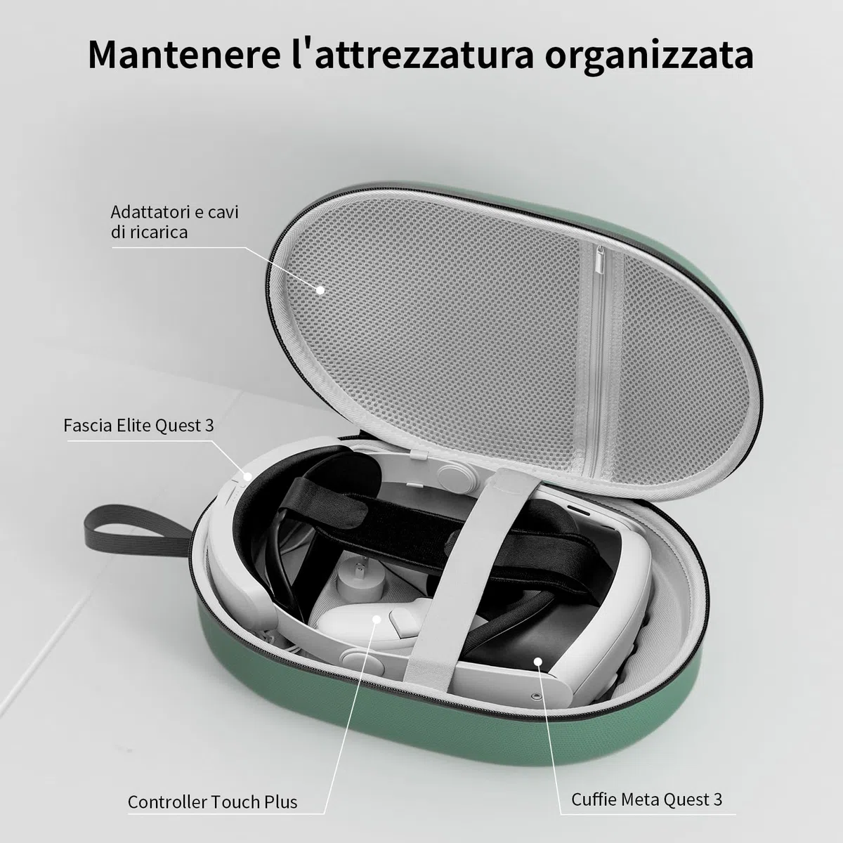 Custodia rigida Meta Quest 3S/Quest 3 compatibile cinturino Battery Elite, verde