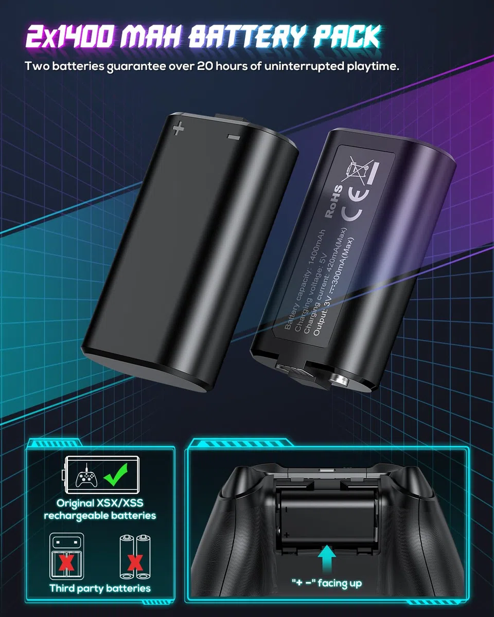 Stazione di Caricamento e Ventola di Raffreddamento per Xbox Series X con 11 Illuminazione RGB, 2x1400 mAh Batterie Ricaricabili e Supporto