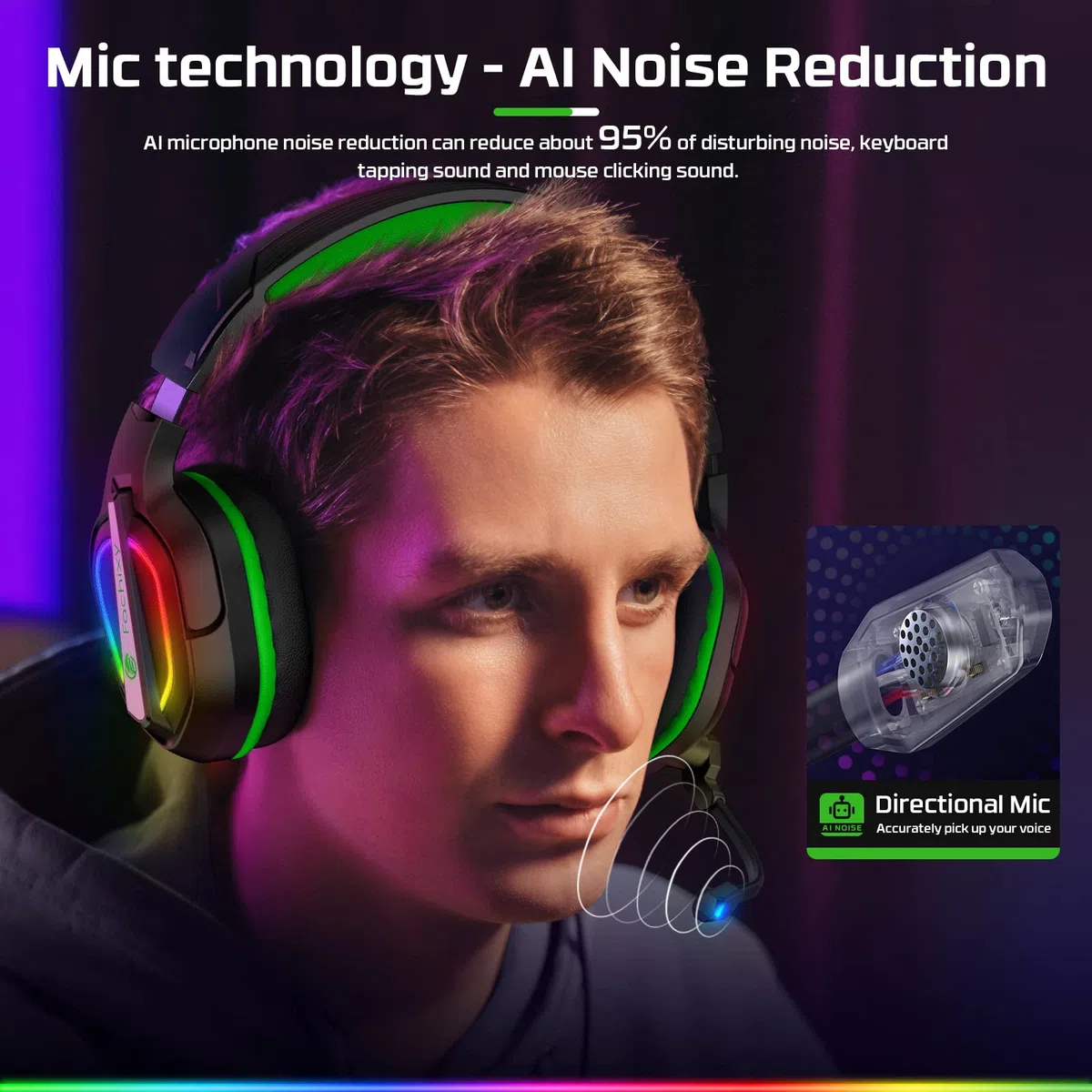 Fachixy FC-200 Cuffie da gioco pieghevoli con microfono ENC, 3,5 mm, RGB Nero Verde