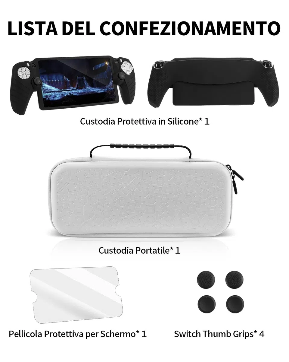 Set di Accessori 8 in 1 Compatibile con Playstation Portal, Custodia Rigida con Copertura in Silicone per PS5, Protezione Schermo e 4 Tasti da Pollice, Nero e Bianco