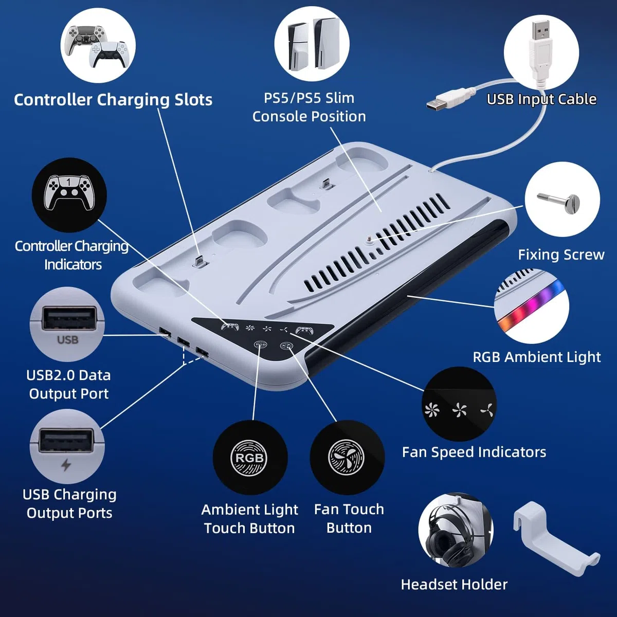 Supporto con ventola per console PS5 Slim/PS5, stazione di ricarica per DualSense/Edge Controller con 9 luci RGB, supporto per cuffie e 3 hub USB per PS5 UHD e Digital-Bianco