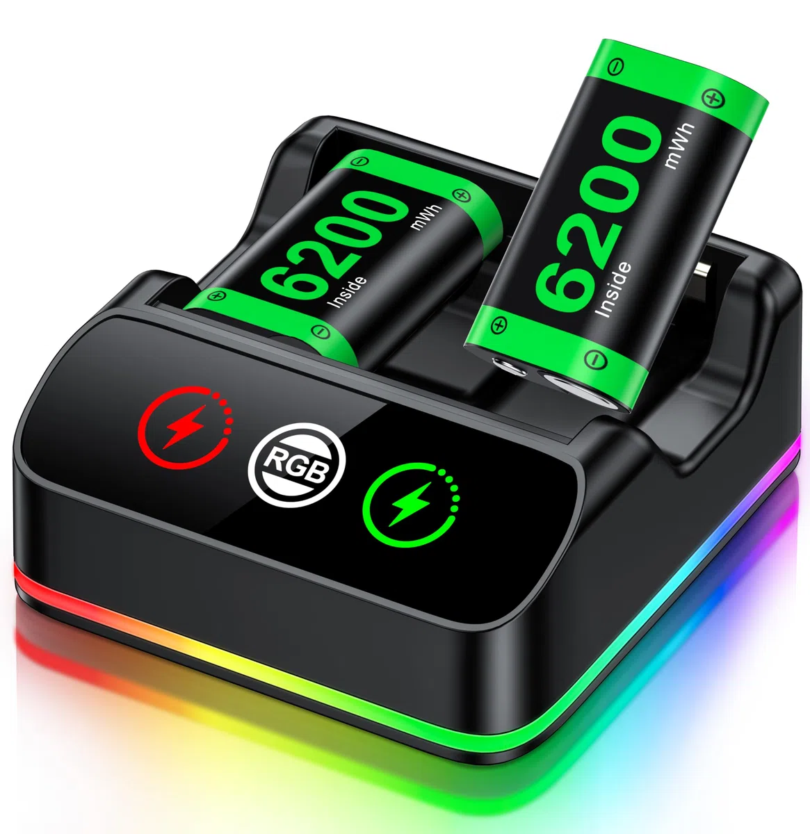 HELLCOOL Batteria per controller Xbox, 2 batterie ricaricabili da 6200 mWh con dock di ricarica Xbox/Cool RGB/cavo di ricarica, caricabatterie per Xbox Series X|S, Xbox One/Elite/S|X
