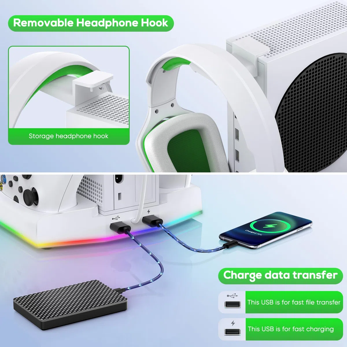 FYOUNG stazione di ricarica Xbox Series S verticale con 15 luci RGB, raffreddamento ventilato, 2 batterie ricaricabili