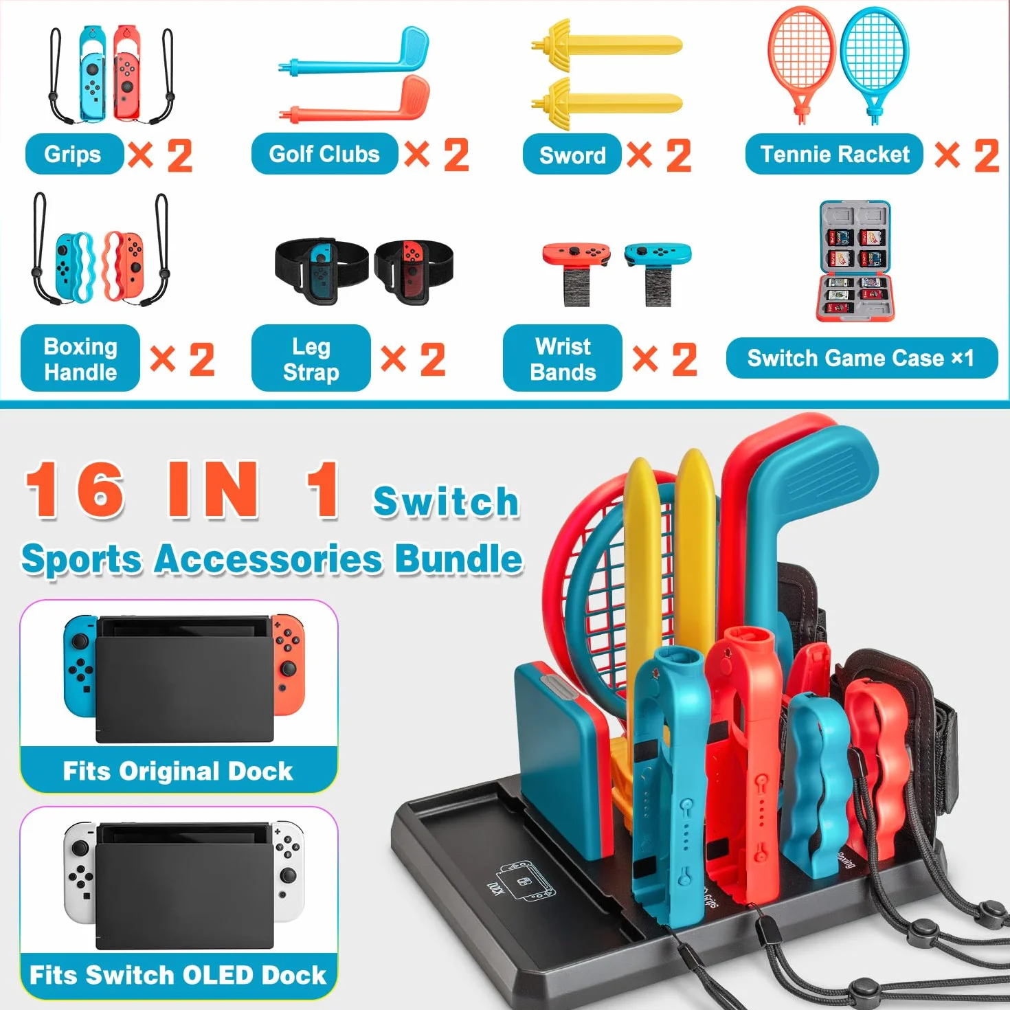 16-in-1 Accessori per Switch Sport, Accessori per Nintendo Switch Sport/Switch Joycon, Regalo di Natale Set di Gioco per Famiglia con Griff Organizer Joycon Compatibile con Switch 2 2025