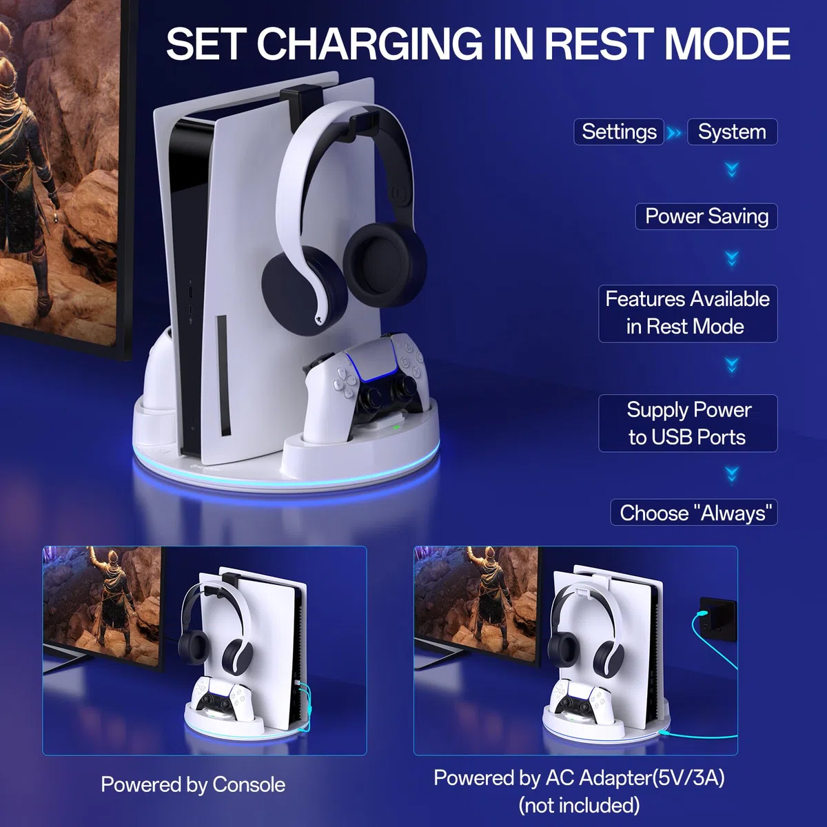 NEWDERY per PS5/PS5 Slim/PS 5 Pro Stand, stazione di ricarica doppio controller con luce RGB per PlayStation 5, supporto verticale per Playstation 5 Digital/Disc Console, bianco