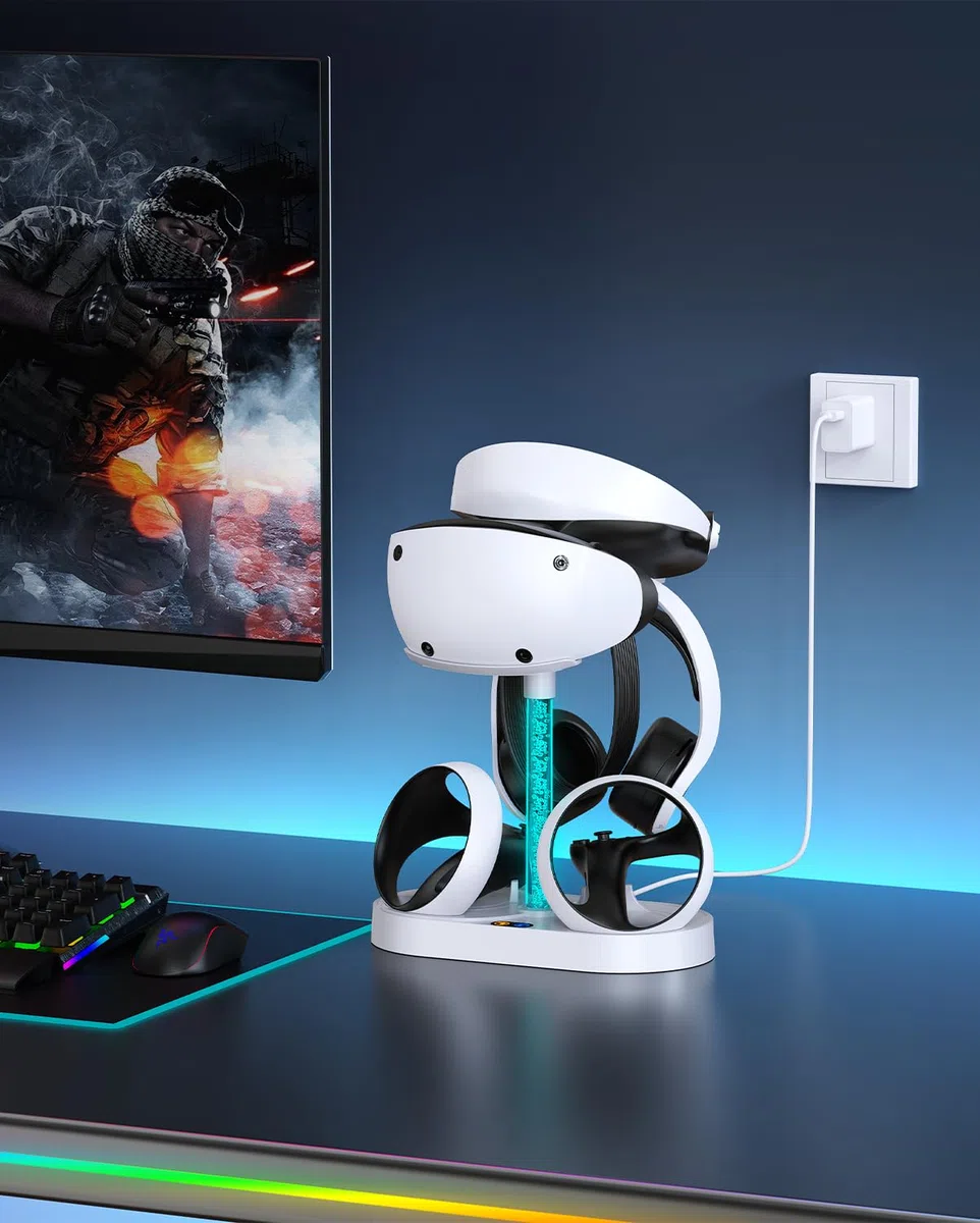 FASTSNAIL Stazione di ricarica per PSVR2, supporto LED per cuffie PS5 VR e controller Sense con 10 luci RGB, accessori compatibili con Playstation VR2