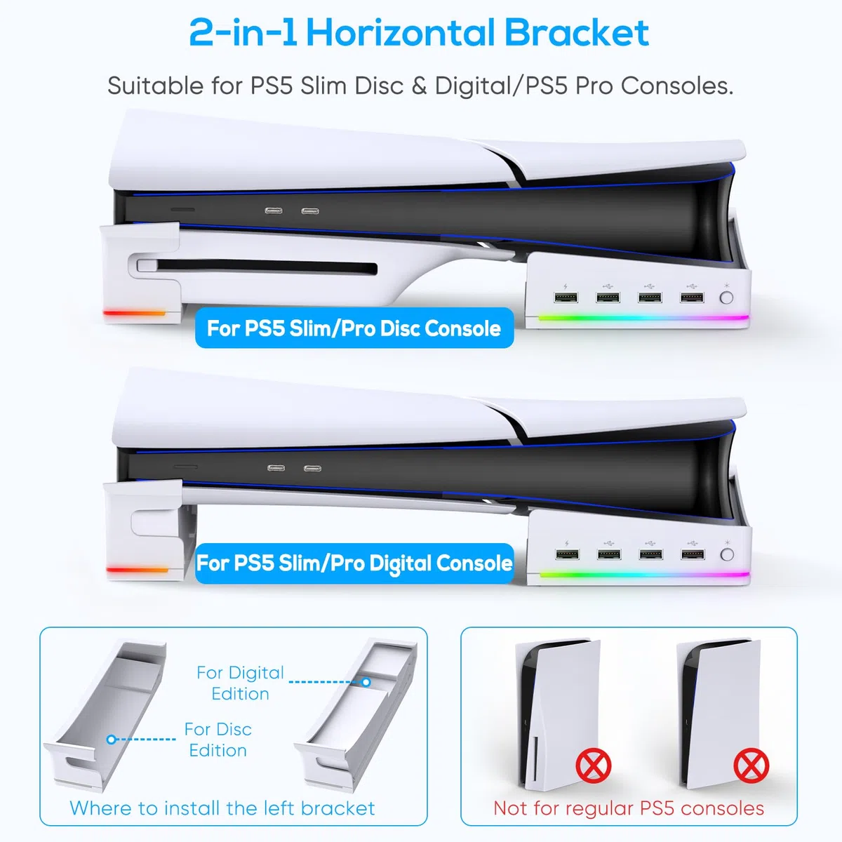 Supporto orizzontale RGB per PS5 Pro/PS5 Slim con 4 porte USB