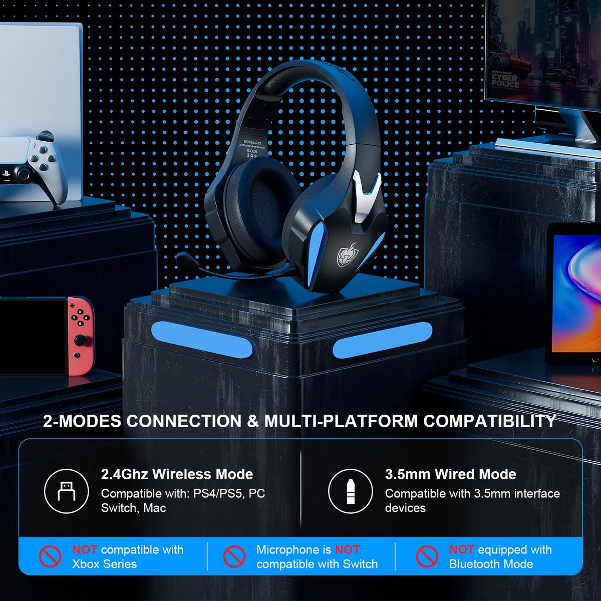 PHOINIKAS Cuffie Gaming Wireless, 2.4GHz Cuffie PS4 Wireless, Dongle USB per PS4/PS5/PC/Switch, Stereo 7.1, Microfono Staccabile con Cancellazione del Rumore, Luci a LED