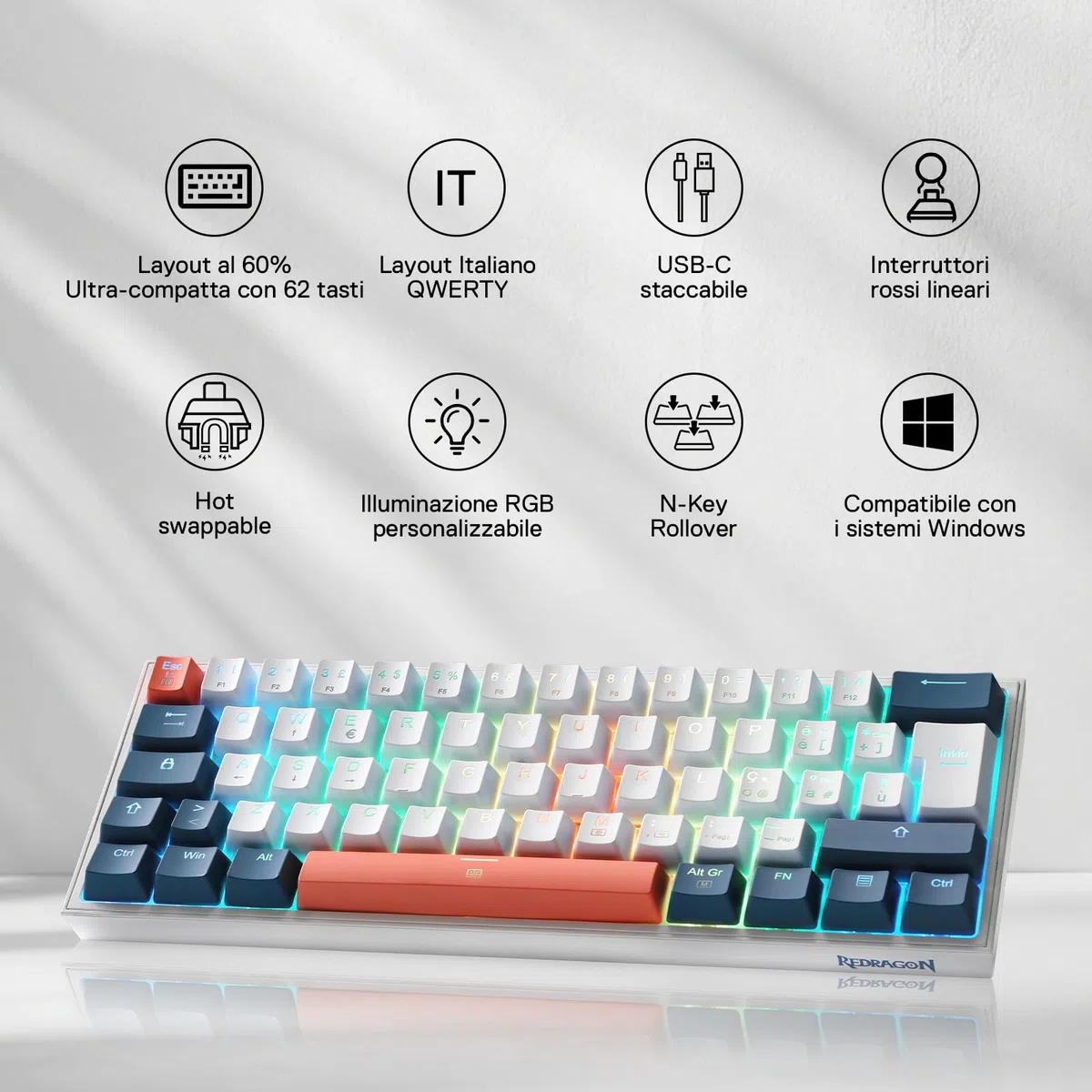 Redragon K617 Fizz 60% Wired RGB Gaming Tastiera Meccanica, 62 Tasti Hot-Swap, Interruttori Rossi Lineari, Layout Italiano QWERTY
